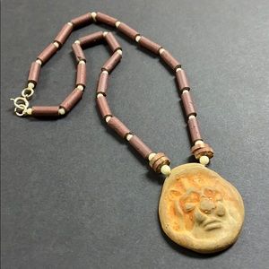 Vintage Tribal Clay Carved Idol Bead Necklace 16”